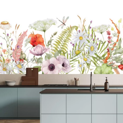 Fotobehang Kleurrijke wilde bloemen op een witte achtergrond