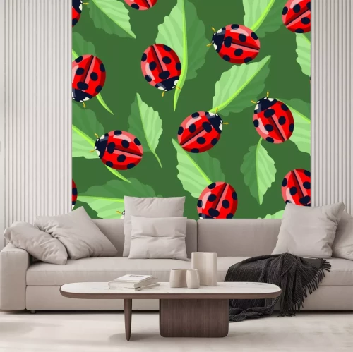 Sticker Lieveheersbeestjes op groene bladerrijke achtergrond