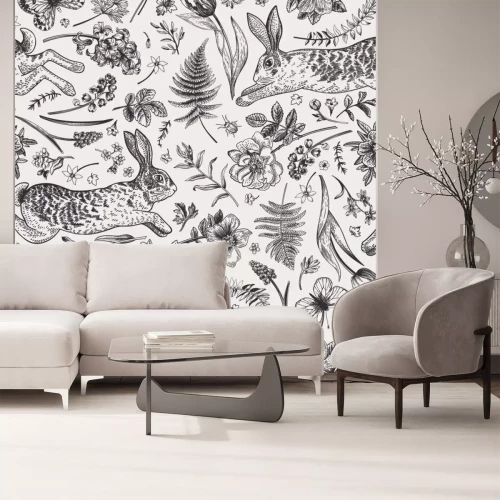 Sticker Vintage patroon met konijnen tussen veldbloemen