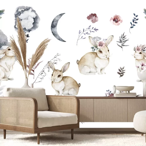 Sticker Waterverf konijntjes en planten op witte achtergrond