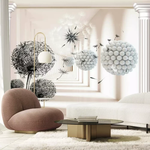 Fotobehang 3D-visualisatie van kolommen tussen paardenbloemen