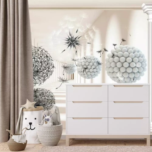 Fotobehang 3D-visualisatie van kolommen tussen paardenbloemen