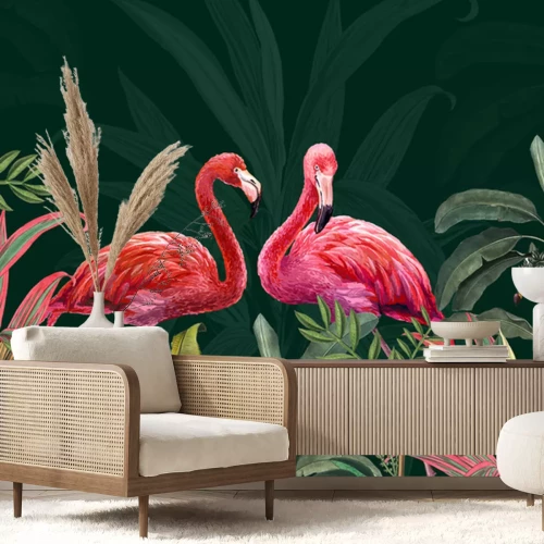 Sticker Twee flamingo's in donkergroen struikgewas