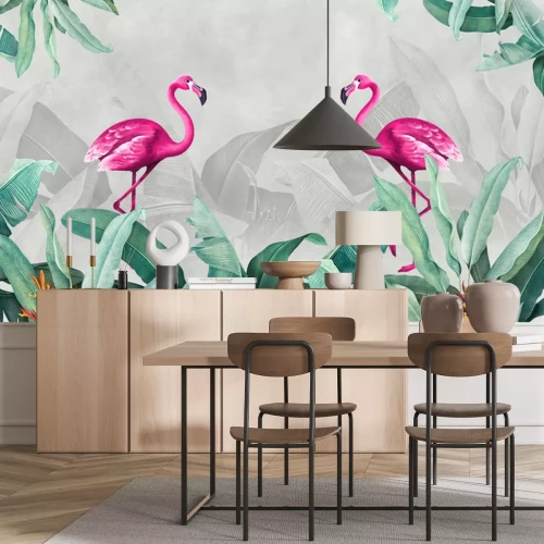 Fotobehang Roze flamingo's tussen bladeren op grijze achtergrond