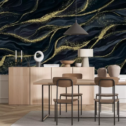 Fotobehang Zachte gouden lijnen op een zwarte en marineblauwe achtergrond