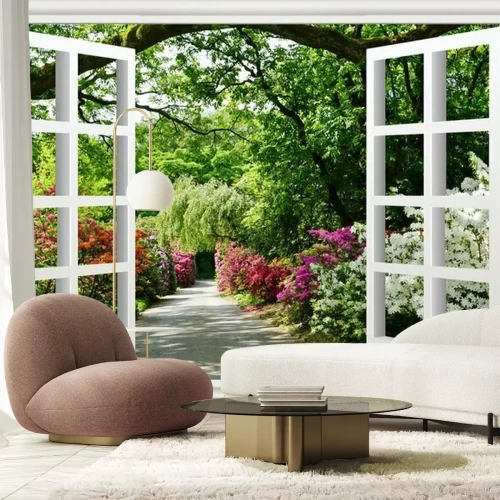 Fotobehang Raam met uitzicht op de botanische tuin