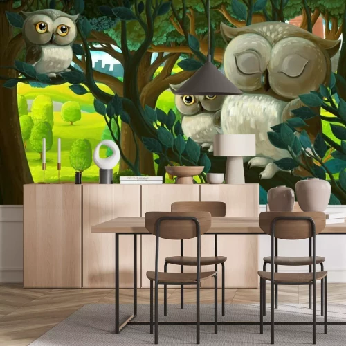 Fotobehang Uilen zitten op een tak als in een tekenfilm