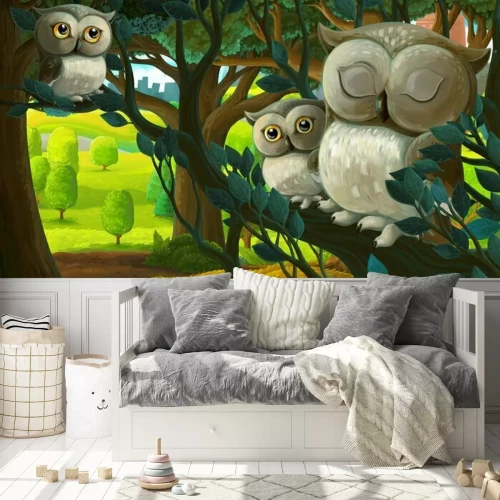 Fotobehang Uilen zitten op een tak als in een tekenfilm