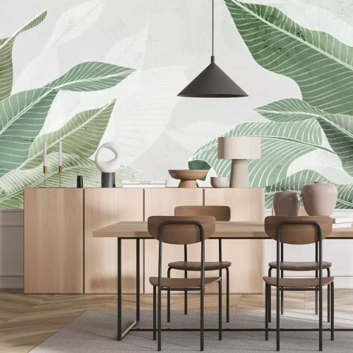 Fotobehang Groene palmbladeren op een licht gestructureerde achtergrond