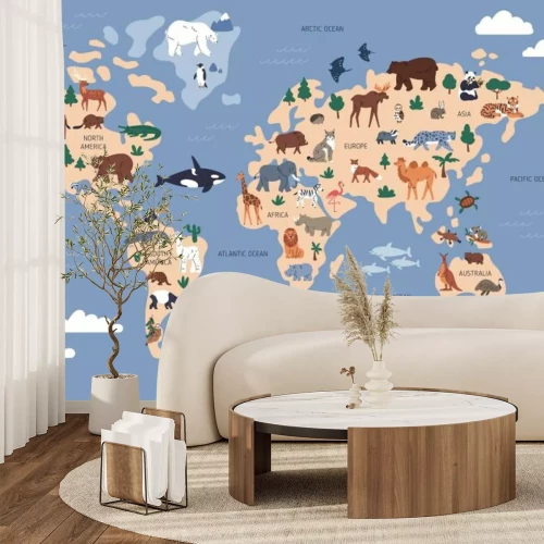 Fotobehang Illustratie van een wereldkaart met dieren en vissen voor kinderen