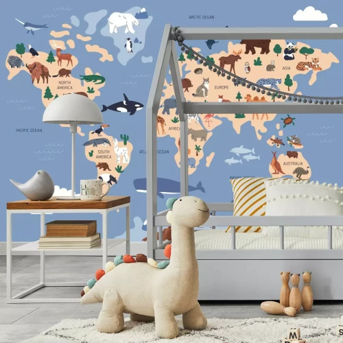 Fotobehang Illustratie van een wereldkaart met dieren en vissen voor kinderen
