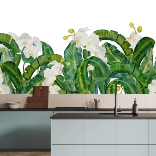 Sticker Witte orchideeënbloemen tussen groene tropische bladeren