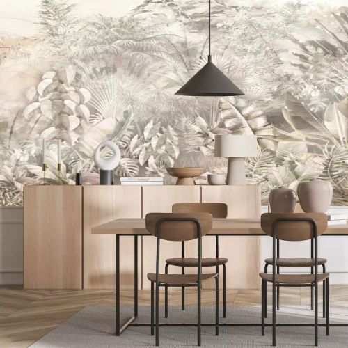 Fotobehang Tropische bomen en bladeren in een mistig bos