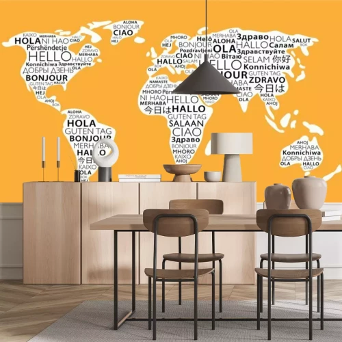 Fotobehang Een wereldkaart met tekst in verschillende talen