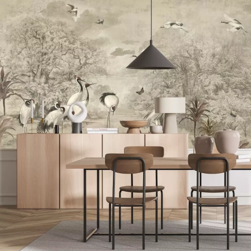 Fotobehang Tropisch bos en een zwerm kraanvogels