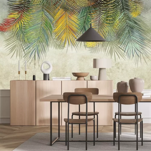 Fotobehang Kleurrijke bladeren hangen op een gestructureerde achtergrond