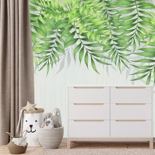 Fotobehang Groene tropische bladeren die van bovenaf hangen