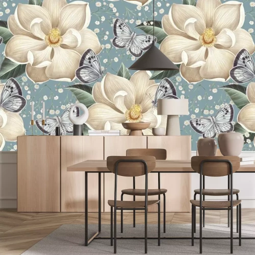 Fotobehang Witte lentebloemen en vlinders