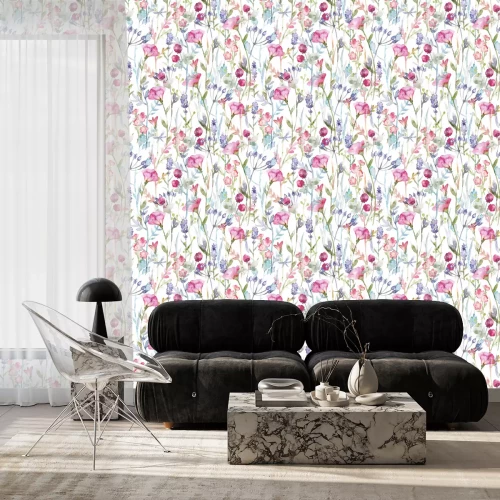 Behang Romantische weide van kleurrijke planten