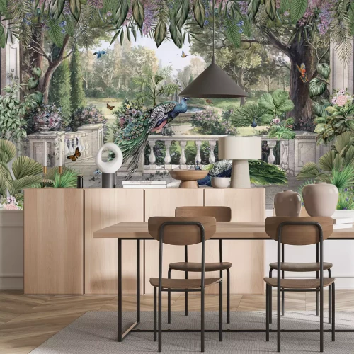 Fotobehang Prachtige pauwvogels in een tropische tuin