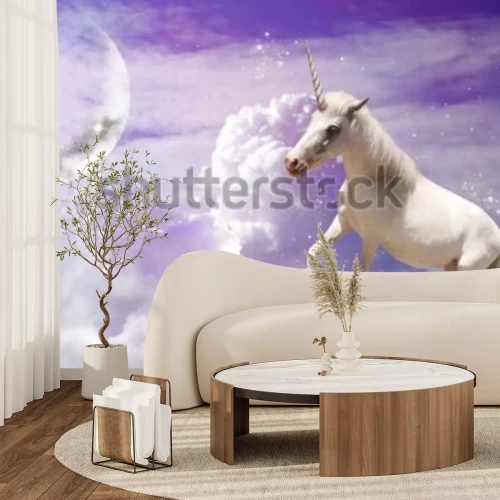 Fotobehang Magic unicorn in fantastic sky with fluffy clouds and crescent 