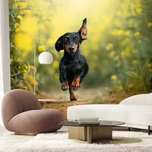 Fotobehang Vrolijke teckel rent op een veld tussen gele bloemen