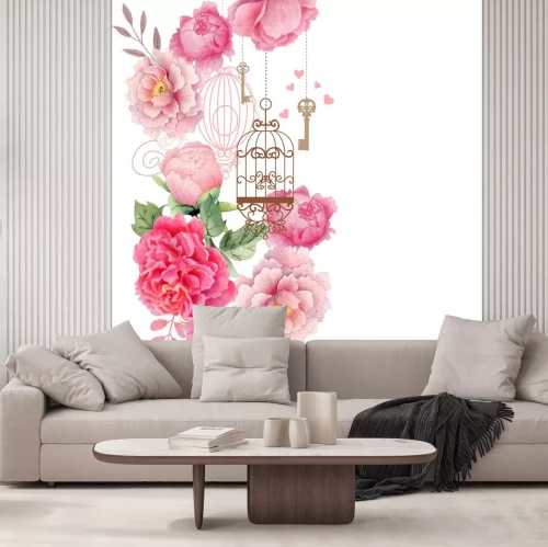 Sticker Decoratieve compositie met een vogelkooi en pioenrozen