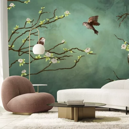 Fotobehang Twee vogels op een tak