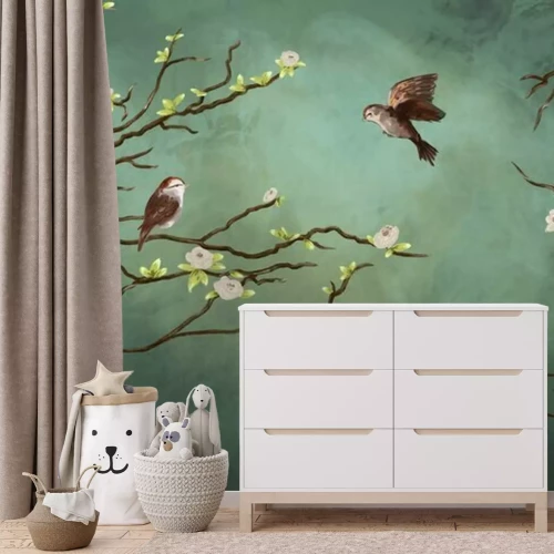 Fotobehang Twee vogels op een tak