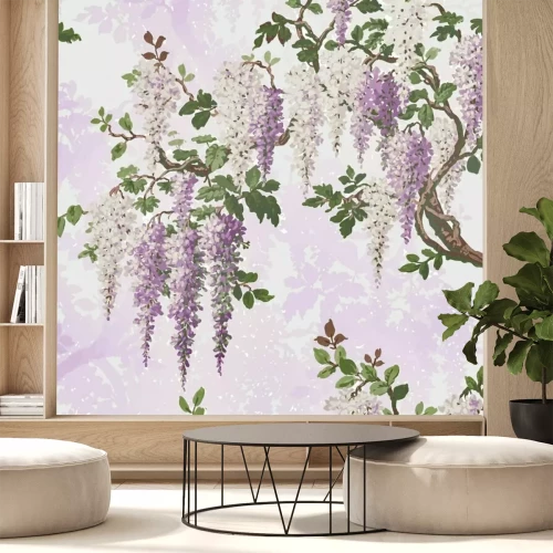 Fotobehang Blauweregen Lila Mooi Helder Bloemig &amp; Botanisch Chinoiserie &amp; Oriëntaals Gedurfd Vintage Traditioneel Bloemenontwerppatroon