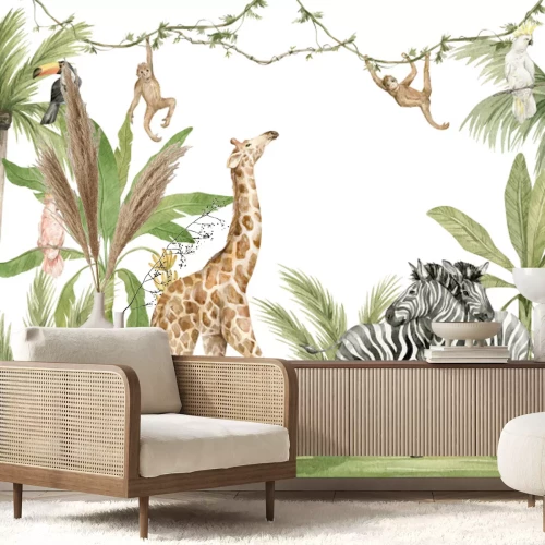 Sticker Watercolor composition with African animals and natural elements. Giraffe, monkeys, zebras, palm trees, flowers. Safari wild creatures. Jungle, tropical illustration for nursery wallpaper
