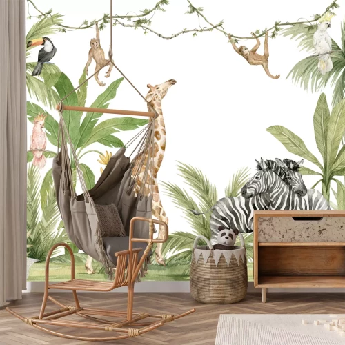 Sticker Watercolor composition with African animals and natural elements. Giraffe, monkeys, zebras, palm trees, flowers. Safari wild creatures. Jungle, tropical illustration for nursery wallpaper