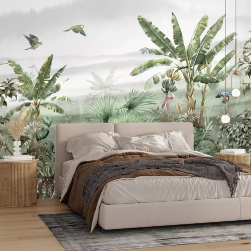 Fotobehang Vogels in een tropische jungle tegen een mistig landschap