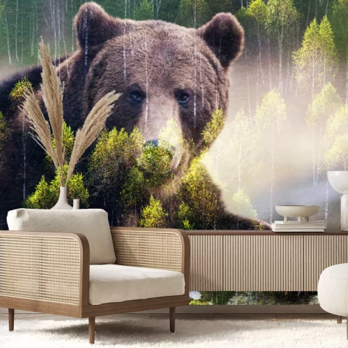 Fotobehang Bruine beer en groene bomen