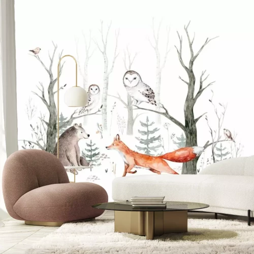 Fotobehang Vos, beer en uilen in een winterberkenbos