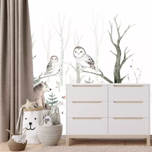 Fotobehang Vos, beer en uilen in een winterberkenbos