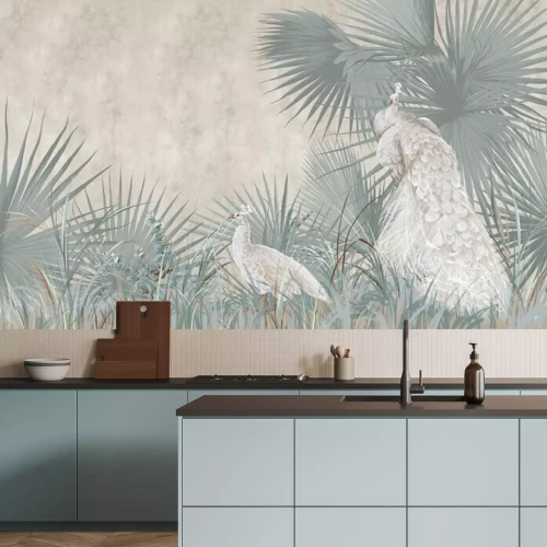 Fotobehang Pauwen tussen tropische planten