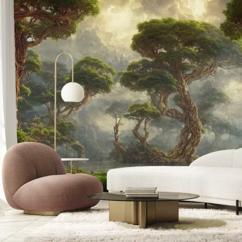 Fotobehang Beautiful fantasy land with lake and giant trees
