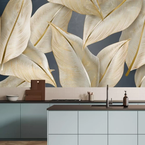 Fotobehang Grote 3D bladeren met goud in een glamoureuze stijl