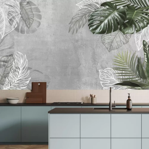 Fotobehang Tropische bladeren op grijs beton