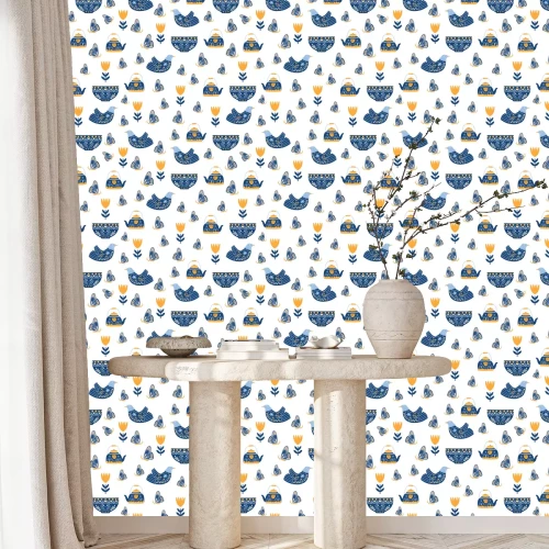 Behang Bloemen vogels en blauwe vlinders op een witte achtergrond