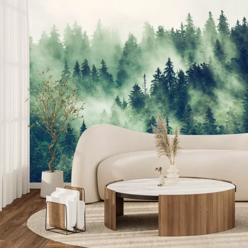 Fotobehang Mistig berglandschap met een bos in de mist