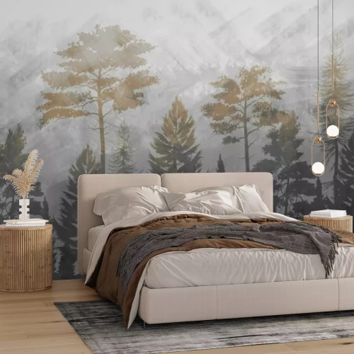 Fotobehang Abstract landschap van een bos in de mist