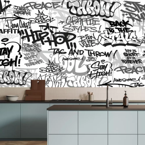 Fotobehang Zwart-witte graffiti met inscripties