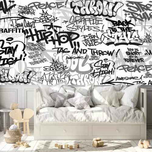 Fotobehang Zwart-witte graffiti met inscripties