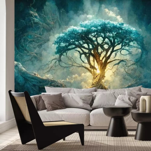 Fotobehang Abstracte boom met blauwe bloemen