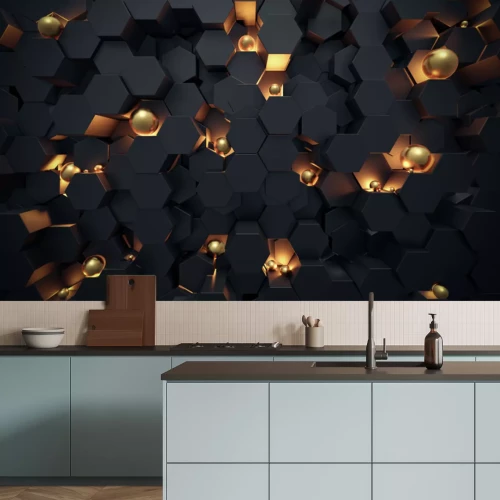 Fotobehang Abstract 3D Dark hexagon wallpaper or background with golden sphere lightened 