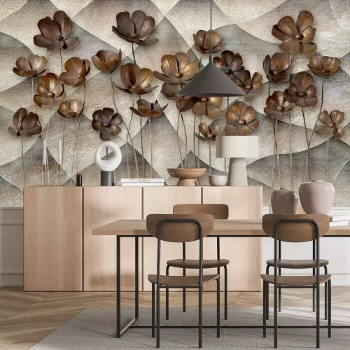 Fotobehang Bruine 3D bloemen op een betonnen achtergrond