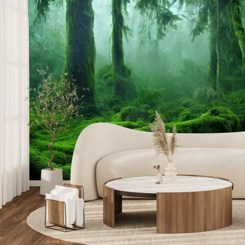 Fotobehang Groen bos bedekt met mos