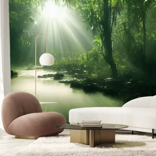 Fotobehang Donkergroen bos in de stralen van de zon